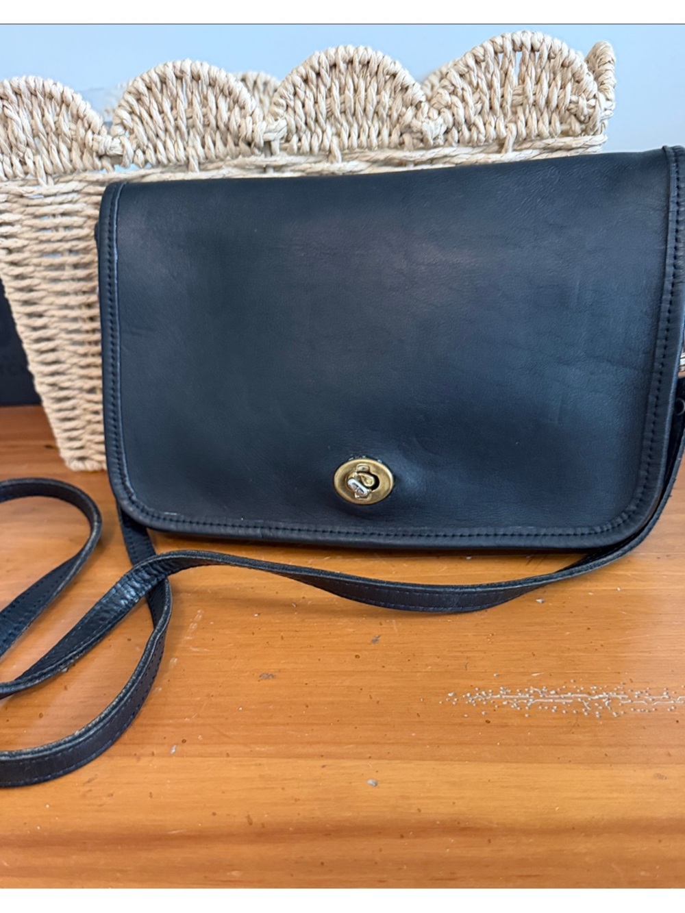 Classic Coach Black Leather Crossbody Bag with Turn-Lock